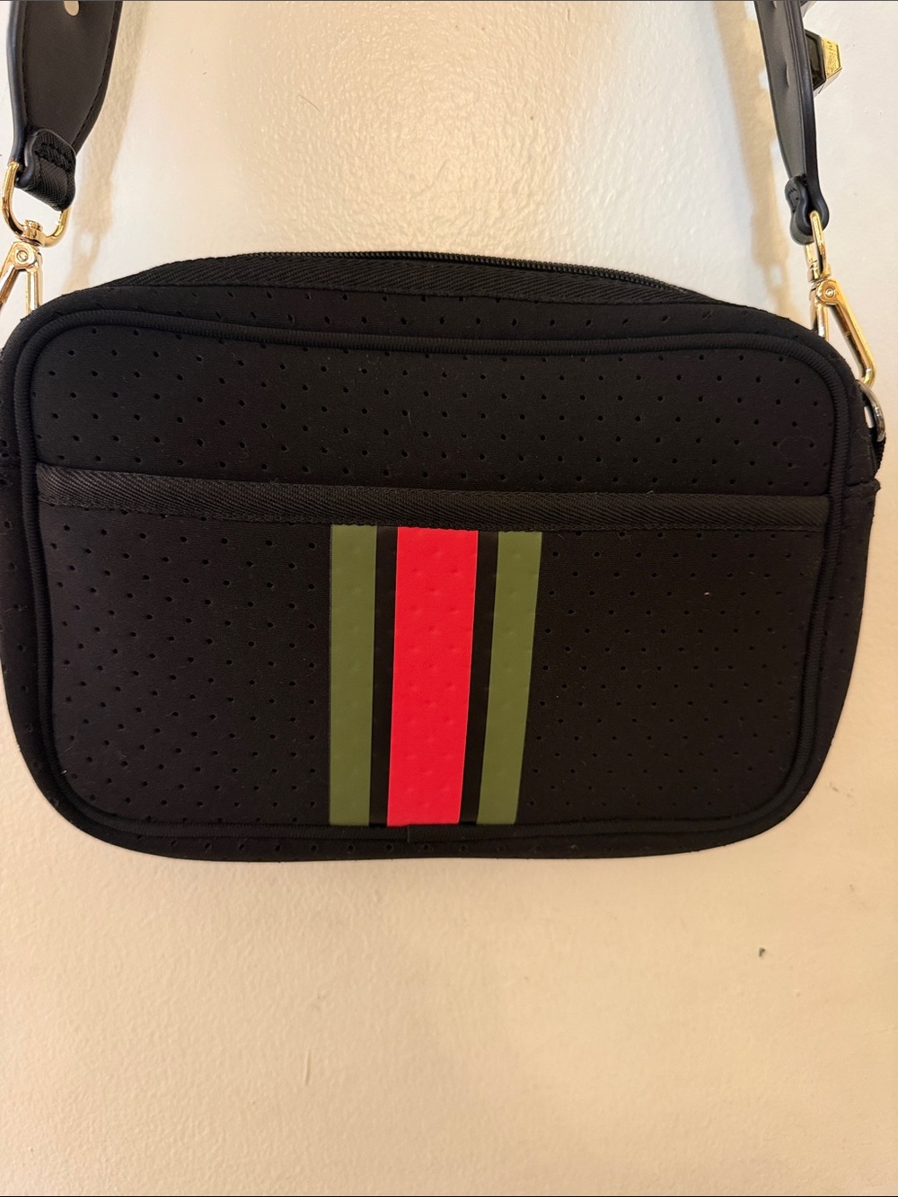 Black Crossbody Bag with Red and Olive Stripes